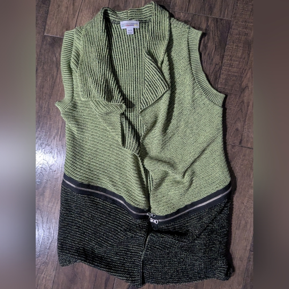 Cotton Country Lime Green & Black Waterfall Cardigan Accent Zippers Unique Med